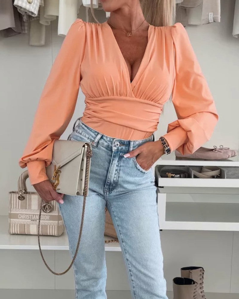 Plunge V Neck Lantern Sleeve Ruched Blouse Casual Slim Fit Bodysuit Top