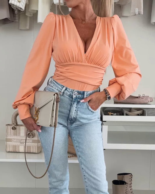 Plunge V Neck Lantern Sleeve Ruched Blouse Casual Slim Fit Bodysuit Top