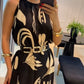 Floral Sleevless Leaves Pattern Maxi Dress Casual Waist Chain Decor Dress