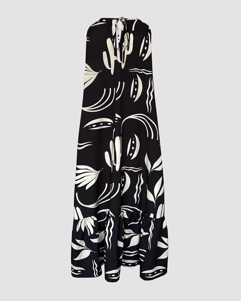 Floral Sleevless Leaves Pattern Maxi Dress Casual Waist Chain Decor Dress (Without Belt)