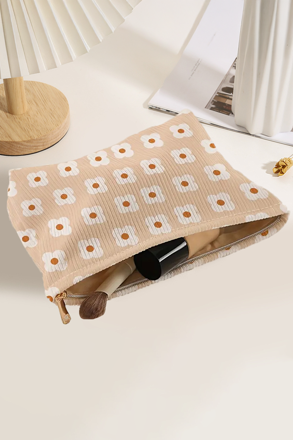 Parchment Flowers Print Textured Corduroy Large Makeup Bag