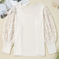 Apricot Contrast Floral Guipure Lace Lantern Sleeve U Neck Plus Size Blouse