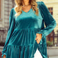 Sea Green Velvet V Neck Peplum Hem Puff Sleeve Blouse