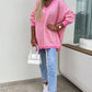 Pink Striped Scallop V Neck Loose Sweater with Slits