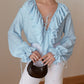Lace Up Plunge V Neck Ruffle Blouse Casual Drawstring Long Sleeve Top