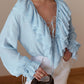 Lace Up Plunge V Neck Ruffle Blouse Casual Drawstring Long Sleeve Top
