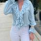 Lace Up Plunge V Neck Ruffle Blouse Casual Drawstring Long Sleeve Top