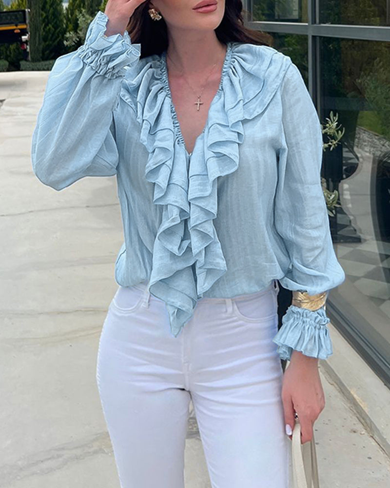 Lace Up Plunge V Neck Ruffle Blouse Casual Drawstring Long Sleeve Top
