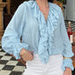 Lace Up Plunge V Neck Ruffle Blouse Casual Drawstring Long Sleeve Top