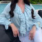 Lace Up Plunge V Neck Ruffle Blouse Casual Drawstring Long Sleeve Top