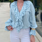 Lace Up Plunge V Neck Ruffle Blouse Casual Drawstring Long Sleeve Top