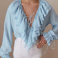 Lace Up Plunge V Neck Ruffle Blouse Casual Drawstring Long Sleeve Top