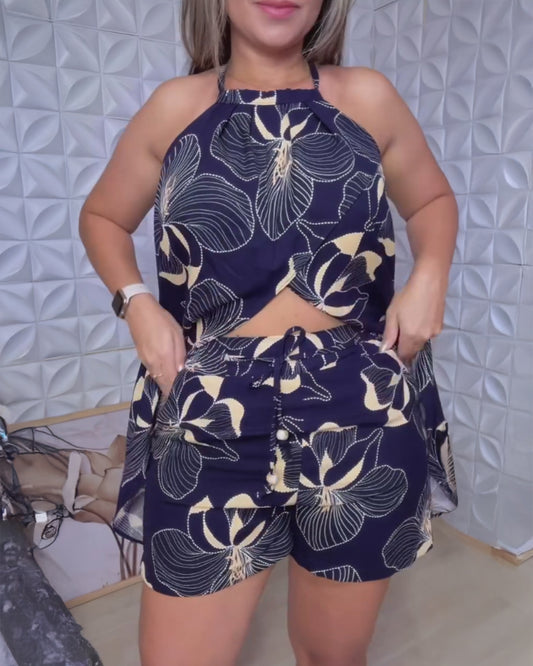 2 Pieces Outfit Floral Print Halter Slit Tank and Casual Drawstring High Waist Pocket Design Shorts Set