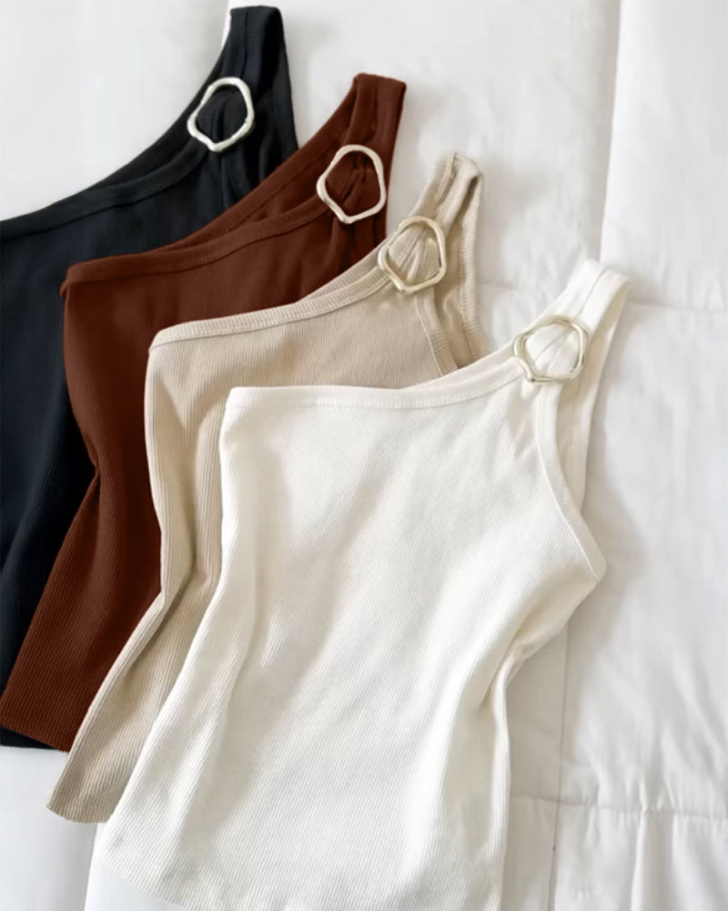 One Shoulder Goldren Decor Casual Slim Fit Ribbed Top