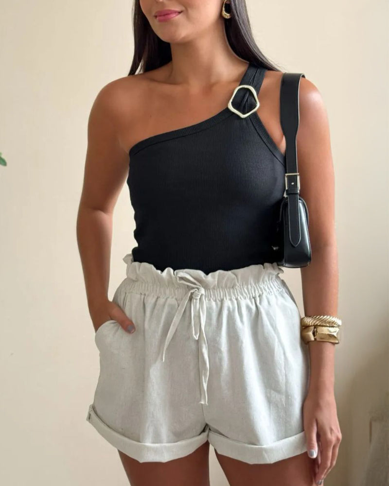 One Shoulder Goldren Decor Casual Slim Fit Ribbed Top