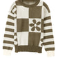Green Checkered Floral Print Striped Sleeve Sweater