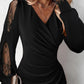 V Neck Long Sleeve Lace Patch Ruched Wrap Dress