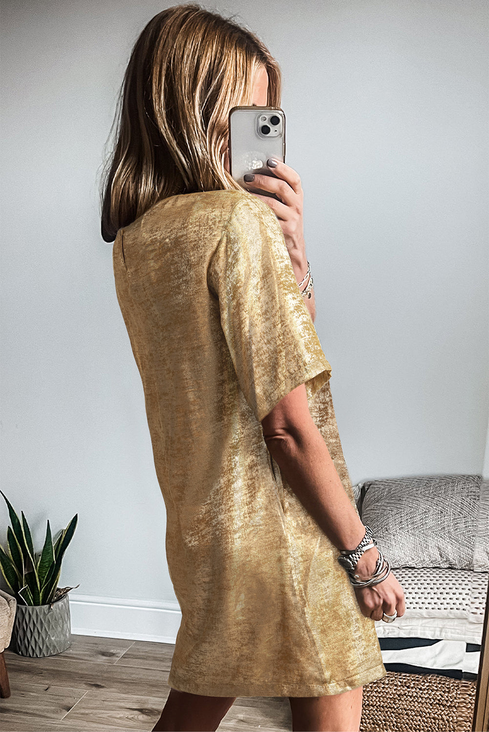 Gold Metallic Luster Crewneck Mini T-Shirt Dress