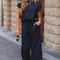 Navy Blue Solid Color Textured Short Sleeve Top and Casual Pants Set