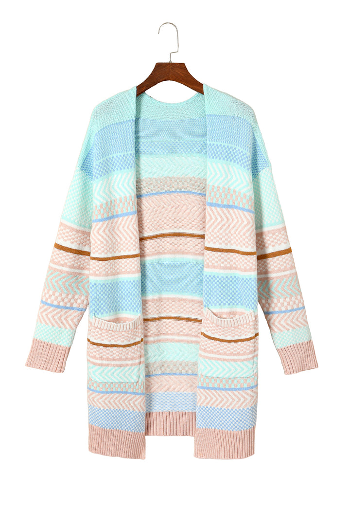 Multicolour Striped Printed Knitted Open Front Cardigan