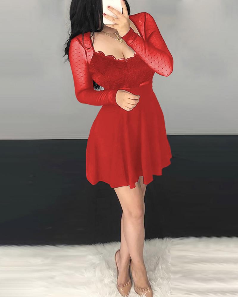 Dot Mesh Ruffles Long Sleeve Dress