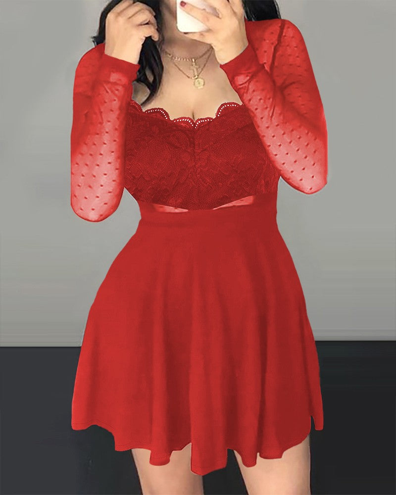 Dot Mesh Ruffles Long Sleeve Dress