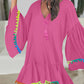 Colorblock V Neck Bell Sleeve A Line Tassel Mini Dress Vacation Dress
