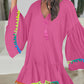 Colorblock V Neck Bell Sleeve A Line Tassel Mini Dress Vacation Dress
