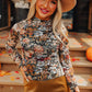 Brown Floral Long Sleeve High Neck Sheath Mesh Blouse