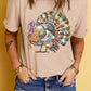 Khaki Heat Transfer Printing Thanksgiving Turkey Print Round Neck T Shirt