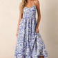 Sky Blue Floral Print Spaghetti Strap High Waist Maxi Dress