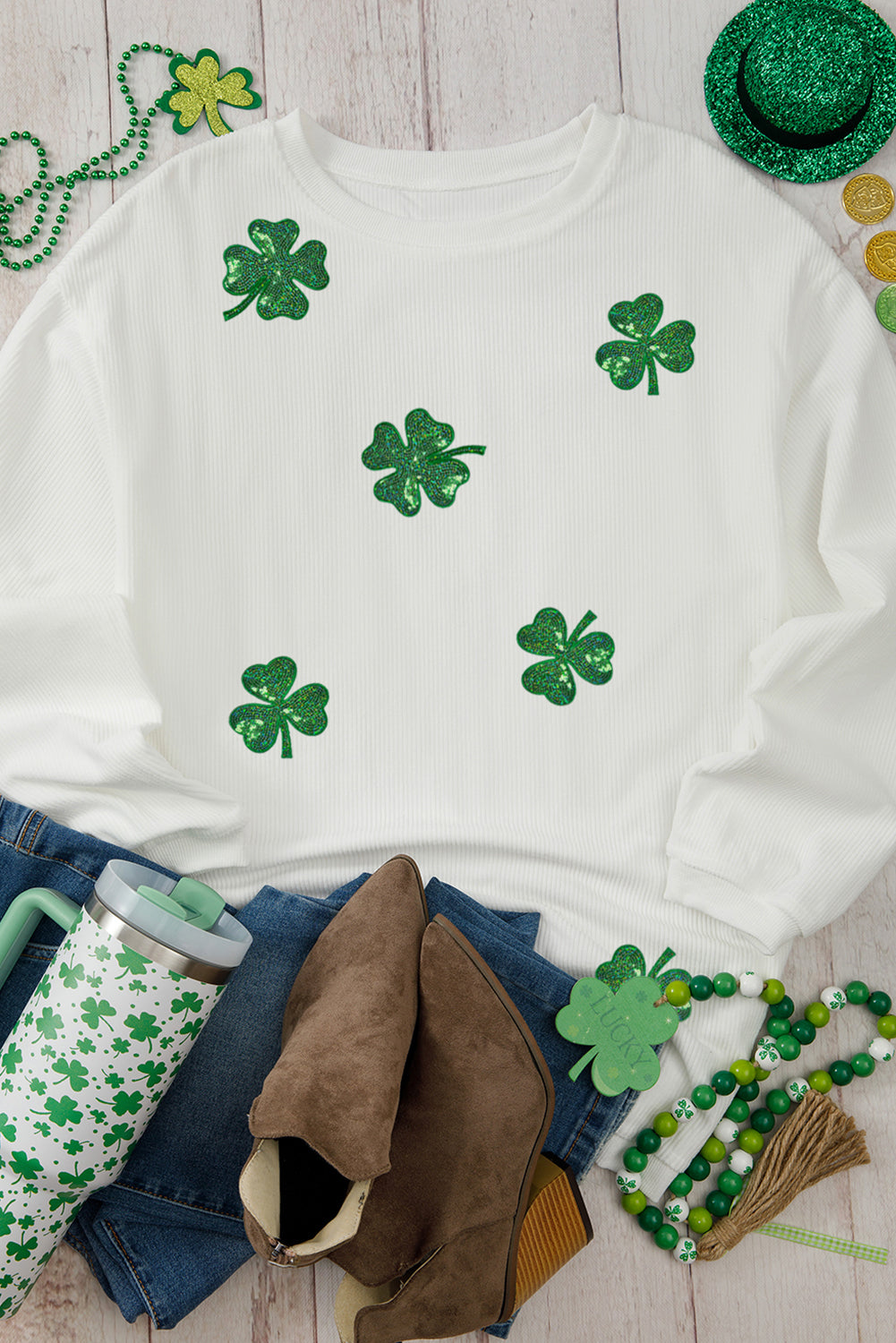 White Sequin Clover Patched Drop Shoulder Corded Sweatshirt