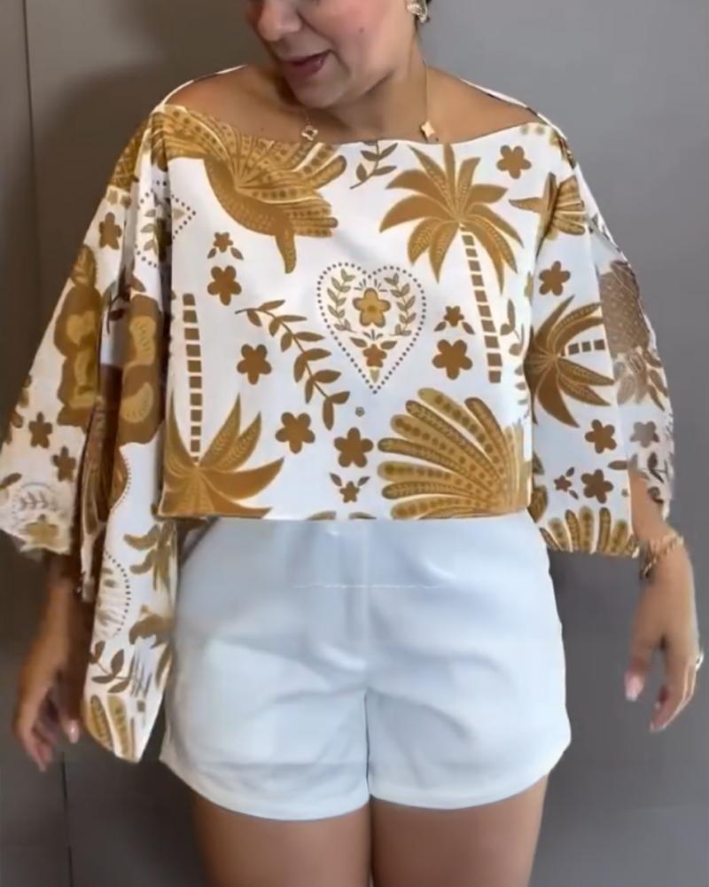 2 Pieces Multi Ways Plants Print Top with Same Color Bandeau Matching Set