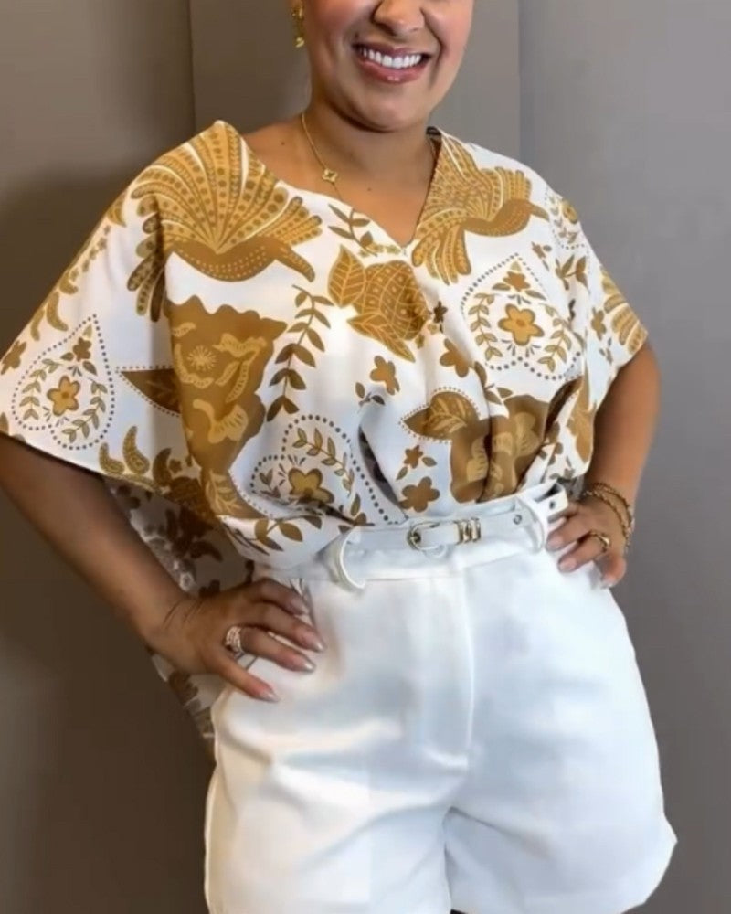 2 Pieces Multi Ways Plants Print Top with Same Color Bandeau Matching Set