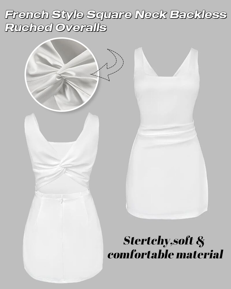 French Style Square Neck Backless Ruched Overalls Twist Back Slim Fit Faux Two Piece Skort Romper