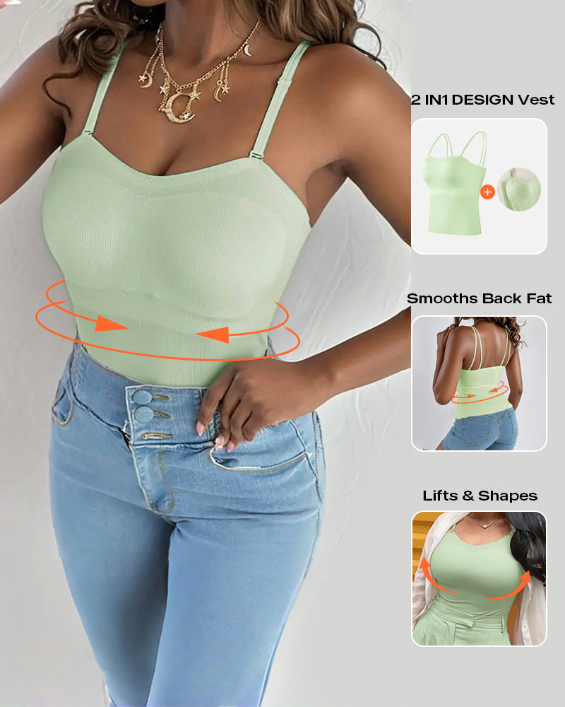 Spaghetti Strap Built in Bra Slim Fit Tank Top Sexy Back Criss Cross Workout Camisole Tops