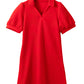 Fiery Red Textured Collared V Neck Puff Short Sleeve Shift Mini Dress