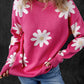 Bright Pink Daisy Flower Crew Neck Long Sleeve Sweater