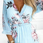 Floral Print V Neck Three Quarters Sleeve Midi Dress Casual A Line Pleated Dress with Belt