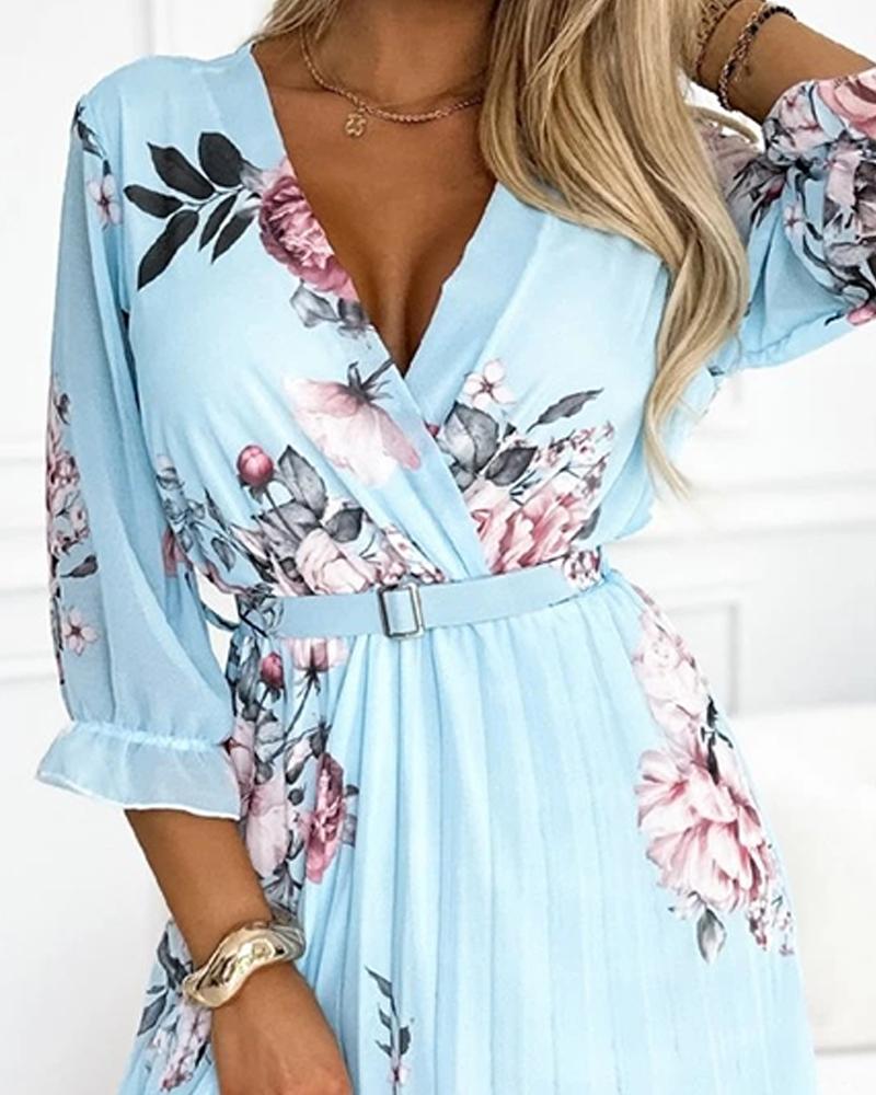 Floral Print V Neck Three Quarters Sleeve Midi Dress Casual A Line Pleated Dress with Belt