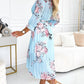 Floral Print V Neck Three Quarters Sleeve Midi Dress Casual A Line Pleated Dress with Belt