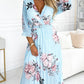 Floral Print V Neck Three Quarters Sleeve Midi Dress Casual A Line Pleated Dress with Belt