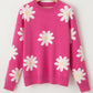 Bright Pink Daisy Flower Crew Neck Long Sleeve Sweater