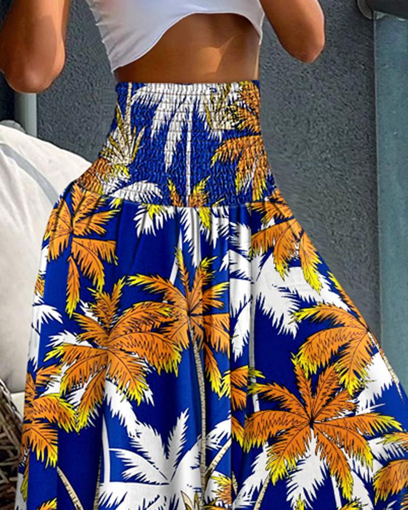 Tribal Print Shirred Wide Leg Pants