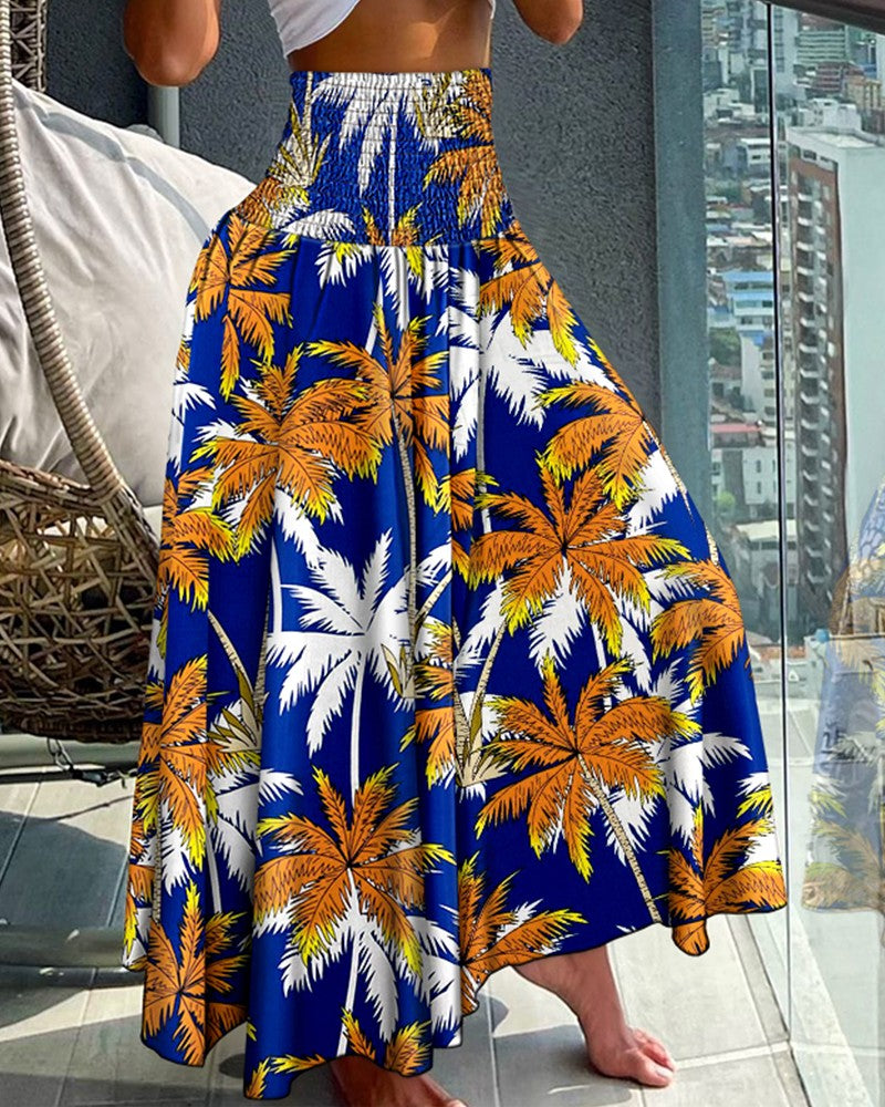 Coconut Tree Print Shirred Wide Leg Pants