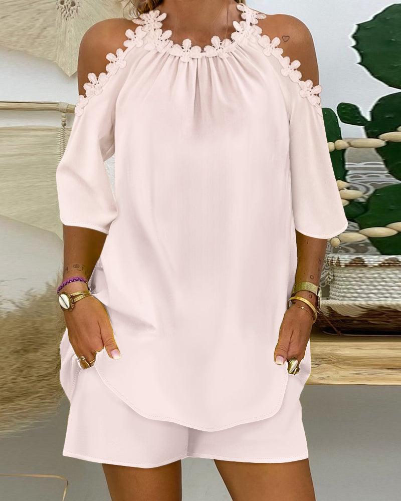 2 Pieces Cold Shoulder Lace Trim Short Sleeve Top and Strechy Waist Loose Fit Shorts Set