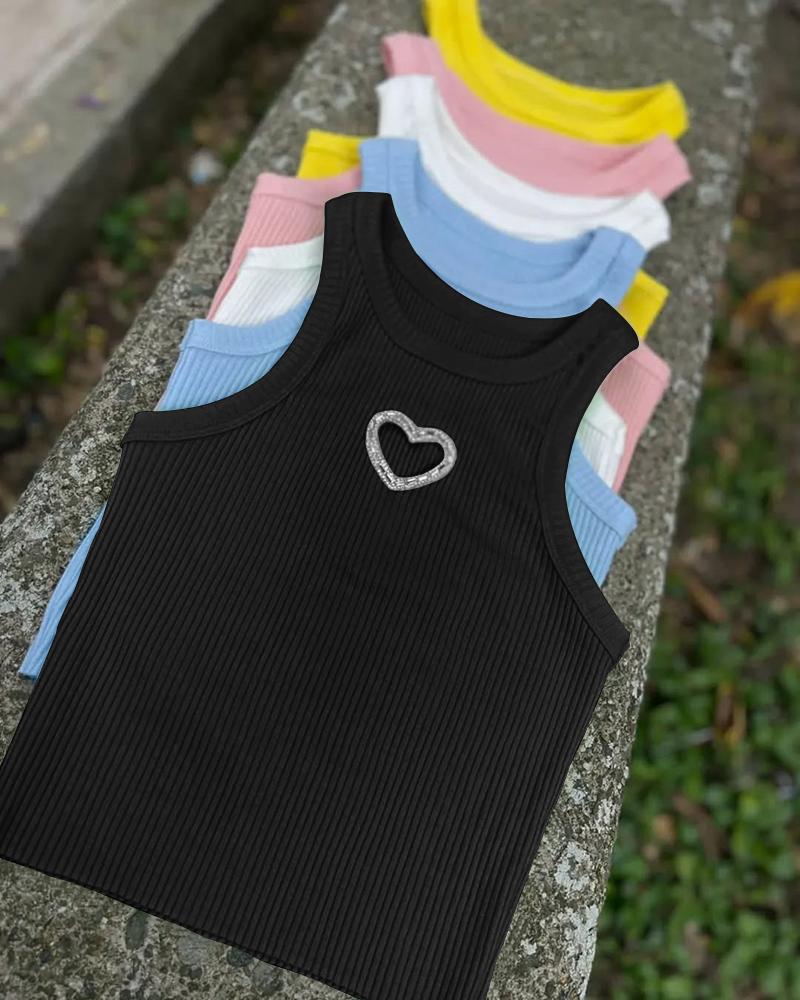 Rhinestone Heart Pattern Hollow out Sleeveless Tank Casual Slim Fit Knit Top