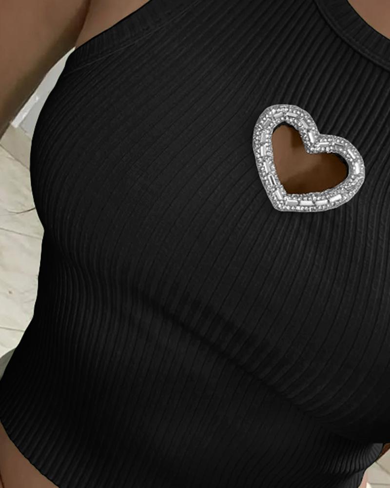 Rhinestone Heart Pattern Hollow out Sleeveless Tank Casual Slim Fit Knit Top