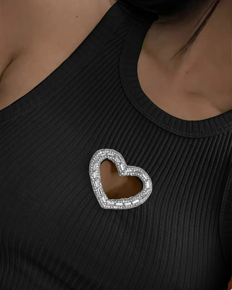 Rhinestone Heart Pattern Hollow out Sleeveless Tank Casual Slim Fit Knit Top