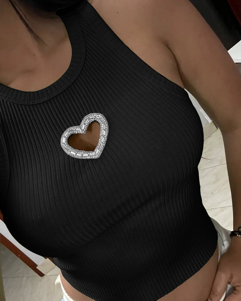 Rhinestone Heart Pattern Hollow out Sleeveless Tank Casual Slim Fit Knit Top